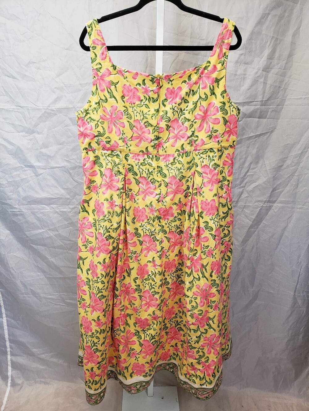 eShakti Yellow Pink Floral Ruched Empire Waist Midi Dress Pockets - Picture 4 of 11